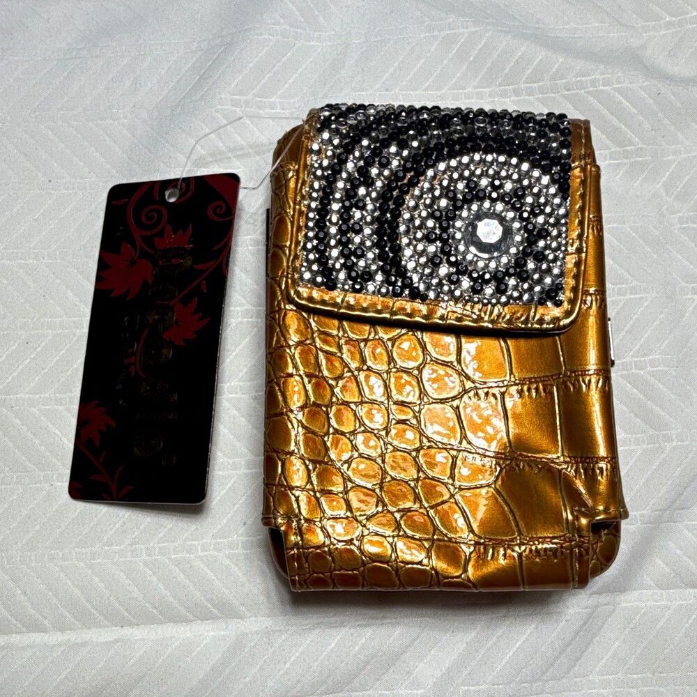 Arcadia Gold Crocodile Embossed Wallet for Women with Logo Accent